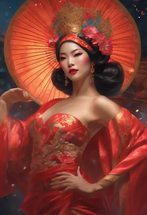 Work-prima airbrush painting of (:1.25) Sexy Asian oiran dancing at a vibrant festival, dynamic pose, figura da ampulheta, coxas grossas, (Tonificado_Muscles:1.05), soft lighting, global ilumination, fireworks in crowded background, Stanley Artgerm Lau