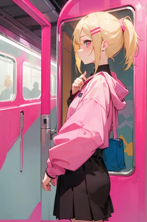 1 girl, blonde hair, blonde woman, pony tail, bright pink eyes, pastel colours, Cute hair clips, stands in the subway, Looking at a pink phone with a keychain, very many people, Hair develops