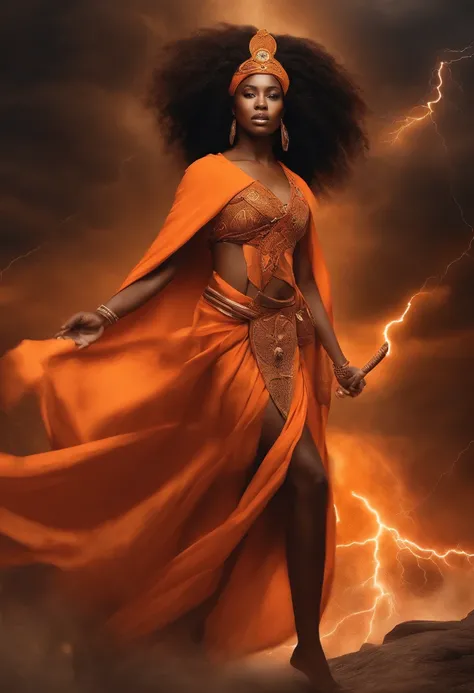 Iansã Warrior, African woman in flowing orange robes. linda. in the background lightning and thunder. Mystical myth style. poder e magia.