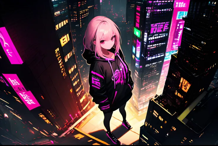 (masterpiece, best quality)), best aesthetics, very detailed background, a girl, solo, full body, hoodie, hoodie down, hoodie down, looking at the viewer, night, city, street, road, building, skyscraper, black background, dark background, seen from above, ...