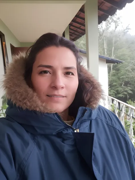 mulher na jaqueta azul com capuz de pele na varanda externa da casa, imagem de perfil, Directed by: Nandor Soldier, imagem do avatar, fernanda suarez, com montanhas no fundo, com montanhas ao fundo, Sandra Chevier, foto do perfil, Foto realista, cold snow ...