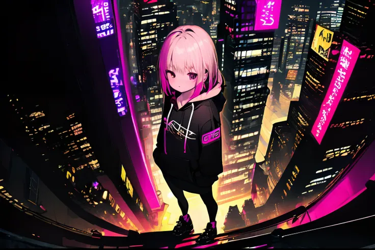 (masterpiece, best quality)), best aesthetics, very detailed background, a girl, solo, full body, hoodie, hoodie down, hoodie down, looking at the viewer, night, city, street, road, building, skyscraper, black background, dark background, seen from above, ...