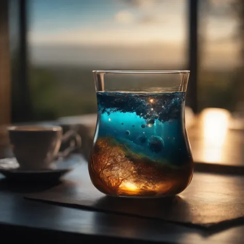 The universe in a cup, The whole universe exists inside the glass...., Planets and galaxies in a glass, Wooden dining table, super realistic, hyper detailed, dramatic lighting, 4k, ultra hd, Realistic, bright colours, A highly detailed, UHD Drawing, Pen an...