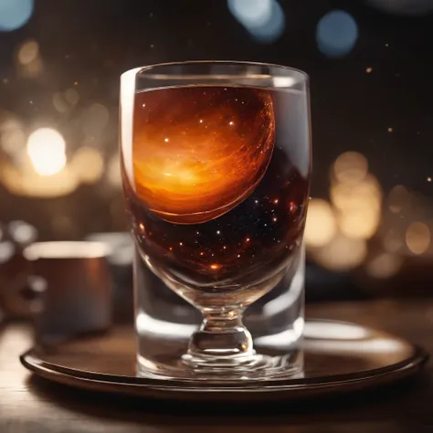 The universe in a cup, The whole universe exists inside the glass...., Planets and galaxies in a glass, Wooden dining table, super realistic, hyper detailed, dramatic lighting, 4k, ultra hd, Realistic, bright colours, A highly detailed, UHD Drawing, Pen an...