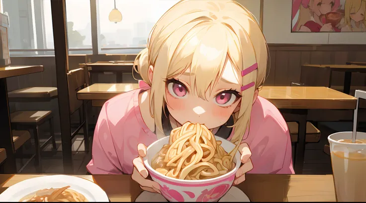 1 girl, blonde hair, blonde woman, pony tail, bright pink eyes, pastel colours, Cute hair clips, Sitting in a restaurant, Eating noodles, eats noodles, Looking at the viewer, blusher, sweat all over the body, revealing clothes