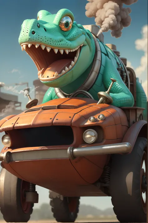 Close-up. Cheerful cute tall Pixar alligator character, but with an overbite and protruding teeth, smiles, red shirt, rides in a complex stupid ultra-mechanical steam-punk car with an odd number of wheels, bolts, some rust and scuffs, asymmetrical.Blurred ...