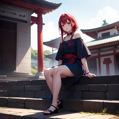 sayudef, full body, smile, blush, outdoors, daytime, simple background, blue sky, longo red hair, sky, temple, looking at the audience, sitting on the stairs, village, moody lights,