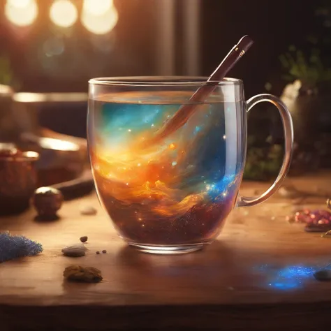 The universe in a cup, The whole universe exists inside the glass......, Planets and galaxies in a glass, Wooden dining table, super realistic, hyper detailed, dramatic lighting, 4k, ultra hd, Realistic, bright colours, A highly detailed, UHD Drawing, Pen ...