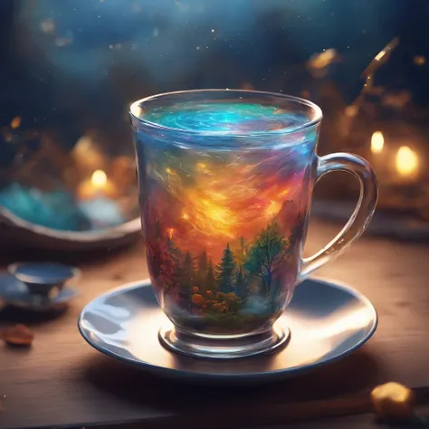 The universe in a cup, The whole universe exists inside the glass......, Planets and galaxies in a glass, Wooden dining table, super realistic, hyper detailed, dramatic lighting, 4k, ultra hd, Realistic, bright colours, A highly detailed, UHD Drawing, Pen ...