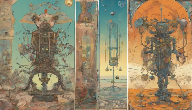 Design a highly detailed tarot card with a robotic scientist as the central figure. The artwork should show bold lines and be a masterful combination of Ralph Steadmans chaotic ink splashes., Frank Millers rough, dark aesthetic and Frank Flachettas intrica...