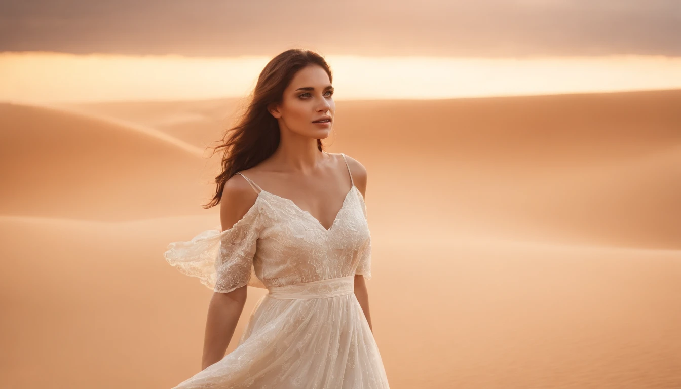 the setting sun，A desert，rays of sunshine，Clouds，palmeiras，Contre-Jour，Beautiful girl in long dress，8K high-definition，RAW format，The light and shadow are delicate，detail-rich，。