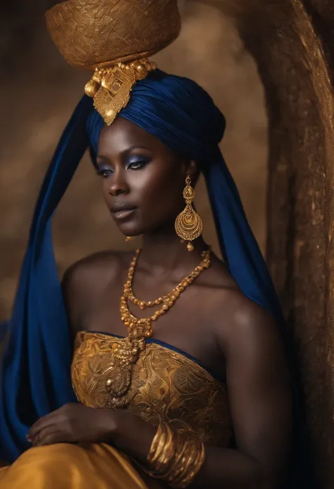 Oxum, deusa africana, do amor e da prosperidade, in flowing dark blue dress, linda e poderosa. Ao fundo um castelo dourado. Mystical myth style. poder e magia.