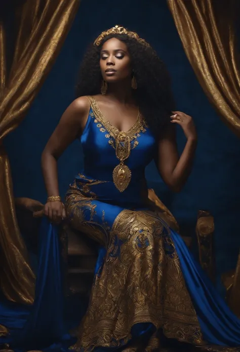 Oxum, deusa africana, do amor e da prosperidade, in flowing dark blue dress, linda e poderosa. Ao fundo um castelo dourado. Mystical myth style. poder e magia.