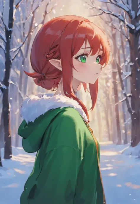 Elf, red hair, emerald green eyes, cute, gentle, snow, sweater