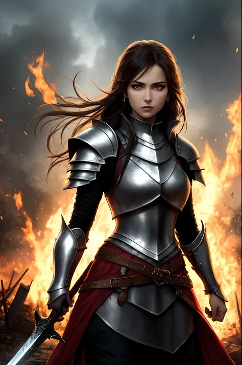 Create a striking and fierce illustration of Elena, the determined love interest in the story, standing amidst the chaos of a battlefield. Elena should be adorned in knightly armor, her posture reflecting a blend of courage and determination. Her eyes shou...