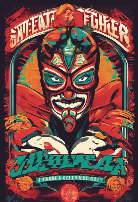 Mexican Character, an eye-catching representation of a Mexican character in the style of vintage Lucha Libre wrestling posters, featuring bold typography, exaggerated features, and a dynamic composition, reminiscent of the iconic Mexican wrestling culture