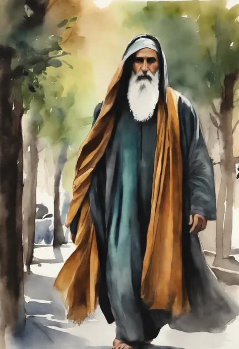 A mysteious man in a robe and hoodie covering his face with long beard and hair. Walking in Tehran in watercolor and ink drawing sketch