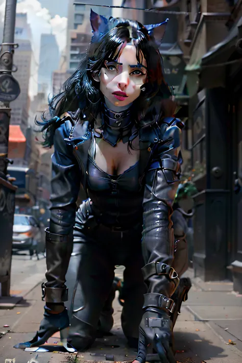 New York, square of time, character Selina Kyle, who appears in comics published by dc comics, the anti-heroine of Batman stories. Her uniform is all black, really based on a "glossy black PVC", has white and long hair, being a beautiful young woman. Her t...