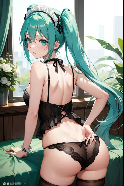 miku hatsune、Your butt is facing us、Maid Cosplay、Looking back、Black lace panties、Ecchi anime style, Top Rated on pixiv, beautiful alluring anime woman