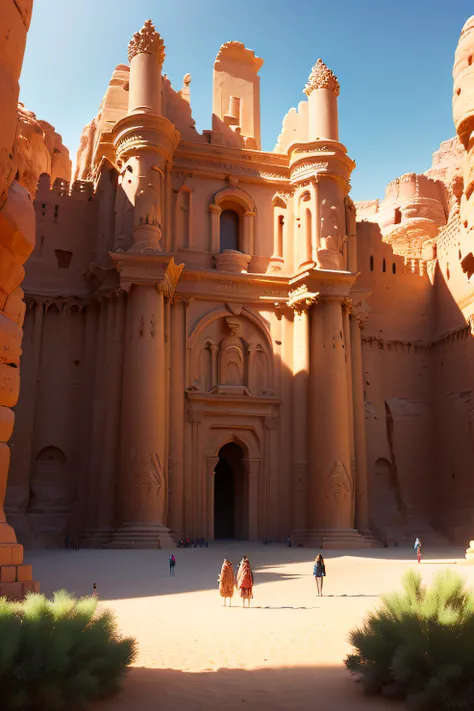 multitude people walking around a large sand castle in the desert, petra, many sculpture, concept art inspired by Marc Simonetti, polycount contest winner, realistic, desert petra, ancient epic tower in the desert, giant towering pillars, dune city and tem...