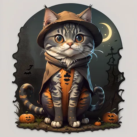 adesivo bonito dos desenhos animados de um gato vestida como um bruxo de capa roxa escura, style cartoon, halloween