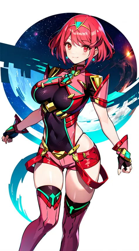 nsfw, pyra (xenoblade), one girl, armor, bangs, black gloves, chest, red eyes, closed mouth, earrings, eyelashes, fingerless gloves, floating hair, framed breasts, jewelry, gloves, hair ornaments, headpiece, jewelry, big, leaning, leotard, neon trim, offic...