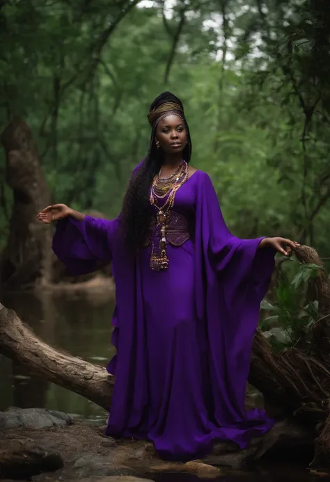 Nana, deusa africana, senhora de poder, idosa, in purple and dark lilac robes, conselheira, wise and ancient. Corpo inteiro, standing on her feet. In the background a swamp in the middle of nature. estilo mito. mistic. poder e magia.