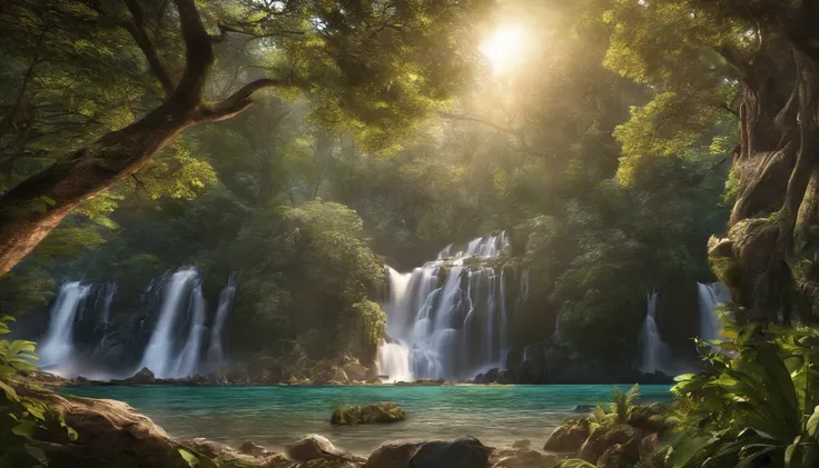 uma floresta com cachoeira ao fundo e o nascer do sol acima da imagem