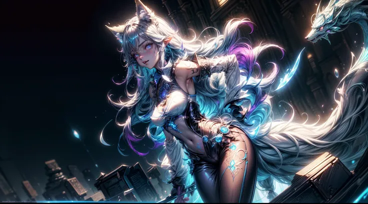 spiritual blue fire fluffy fox girl, (fluffy fox ears, fluffy fox tail), (spirit, spiritual:1.4), (blue fire:1.5), 1girl, perfect and well designed glowing shiny eyes, (beautiful detailed eyes:1.05), natural breasts, slim body, beautiful and delicate cute ...