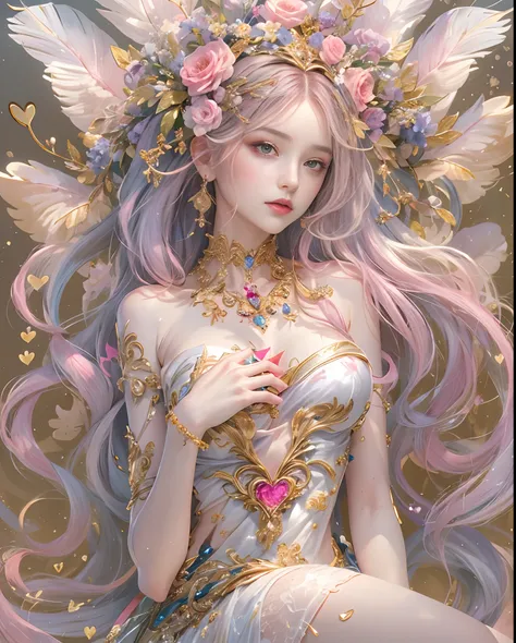 (masutepiece, of the highest quality, Best Quality, Official art, Beautiful and aesthetic:1.2), (1 Fantasy Girl), Extremely detailed, Glamorous Jewelry, long shapeless hair, (Fractal Art:1.3),Colorful,Highest detail.Express in the form of a heart、Ornaments...