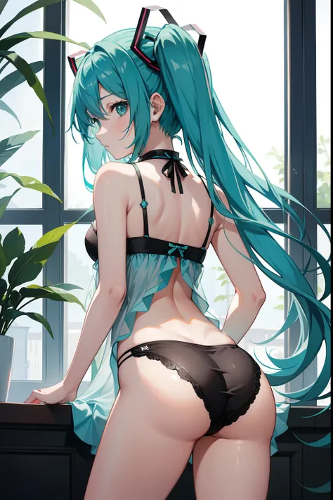 miku hatsune、top-quality、one girls、Cute Dresses、Standing、(Black sexy underwear figure)、、Your butt is facing us、Looking at the back of the screen