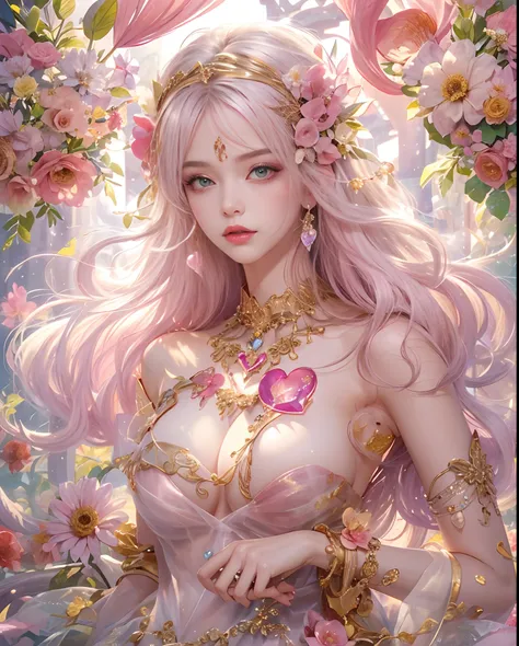 (masutepiece, of the highest quality, Best Quality, Official art, Beautiful and aesthetic:1.2), (1 Fantasy Girl), Extremely detailed, Glamorous Jewelry, long shapeless hair, (Fractal Art:1.3),Colorful,Highest detail.Express in the form of a heart、Ornaments...