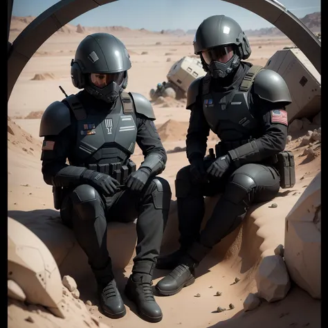 Starship Troopers Mobile Infantry soldiers sitting in a trench on an alien planet, all in black military attire, with black helmets, photo, cinematic