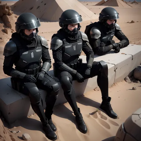 Starship Troopers Mobile Infantry soldiers sitting in a trench on an alien planet, all in black military attire, with black helmets, photo, cinematic