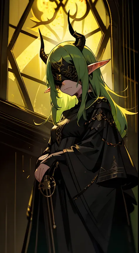 1woman,solo,70 years,serious face,sorceress golden and black outfit, blind mask,no show eyes,light green hair, mature female,elves ears,demon horns,standing in the window,night