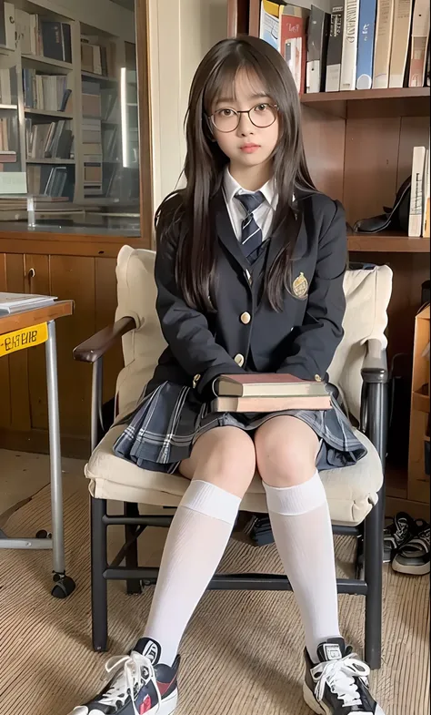 1girl, (raw photo:1.2), (photorealistic:1.4), beautiful girl, high resolution, very detail, best quality, masterpiece, ((school girl wear school uniform)), illustration, 8k wallpaper, 16 years old, (wearing glasses), ((sitting on chair and reading a book))...