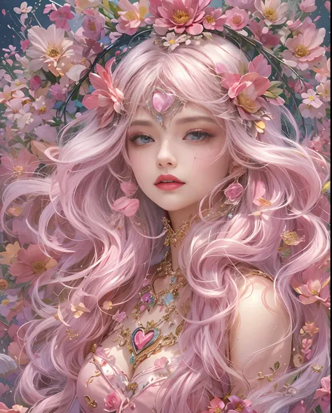 (masutepiece, of the highest quality, Best Quality, Official art, Beautiful and aesthetic:1.2), (1 Fantasy Girl), Extremely detailed, Glamorous Jewelry, long shapeless hair, (Fractal Art:1.3),Colorful,Highest detail.Express in the form of a heart、Ornaments...