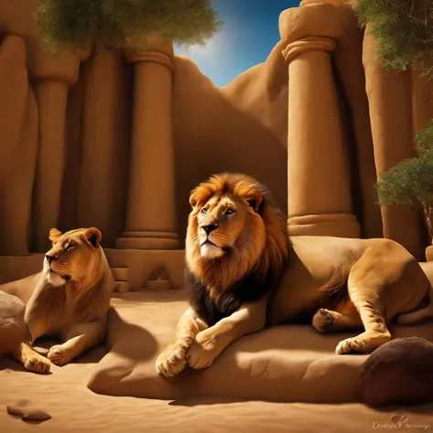 create the biblical setting of the story of Daniel in the den and the lions around it