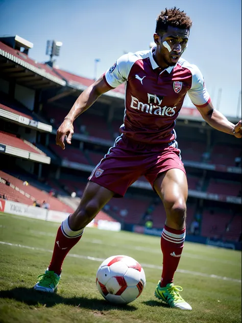 Homem negro Soccer Player in Arsenal, Driving the ball on the field