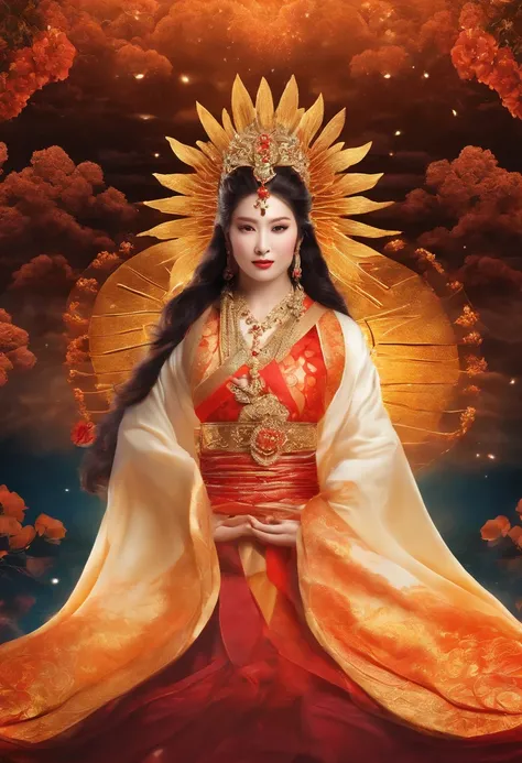 deusa japonesa, Amaterasu, deusa do sol, Queen and powerful force. Whole body standing. toda em dourado e luz solar por todo o fundo. imagem acolhedora e de grandiosidade. estilo mito. poder e magia. mistic.