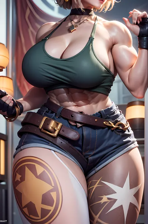 (HyperMuscle), (NSFW: 1.8), (Unbeatable masterpiece， ultra realistic 8k cg， dramatics， Ray tracing， hdr：1.2),（best quality), (masterpiece: 2), 独奏，thick thighs，upper legs，Wide buttock，dented skin，short detailed hair, bodybuilder，Blonde curly hair，erected bi...