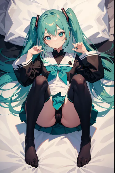 miku hatsune、top-quality、small curvy loli、Black sailor suit worn by Japan schoolgirl、Underwear is visible、Black sexy panties、Squatting on the bed、、kindly smile、Short Cute Check Skirt、Underwear、M-shaped legs