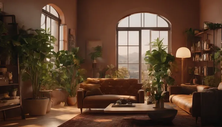 Um rapaz de 25 anos com cabelos castanhos, olhos azuis. De frente, looking-into-camera, 8k, friendly 3D animated style, Bookcase and a plant in the background warm cinematic lighting