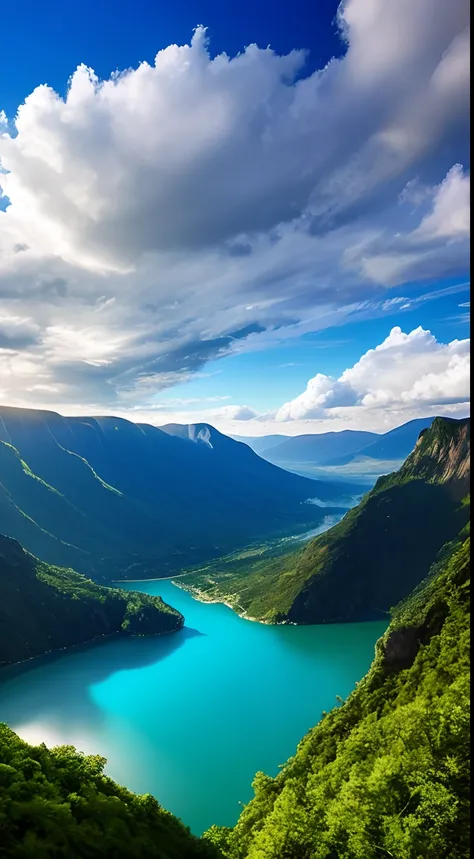 Masterpiece, ultimate quality, Cg unity 8k wallpaper, super delicate, beautiful sky and clouds, rich natural scenery, cliffs, lakes and rivers, waterfalls and flying water, beautiful green mountains, no trace of people, excellent scenery, has already won a...