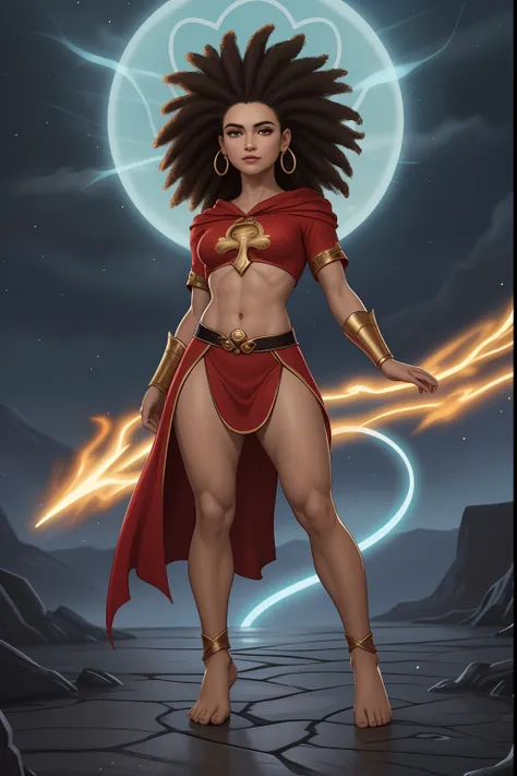 A woman A phoenix Moreno, de cabelo afro cabelo caindo para frente, Rasta type but braided,tiro de corpo inteiro, Olhos firmes, olhando para frente, Lightning in the sky, arms extended, olhando para frente, parado no topo de uma montanha, manto e capa verm...