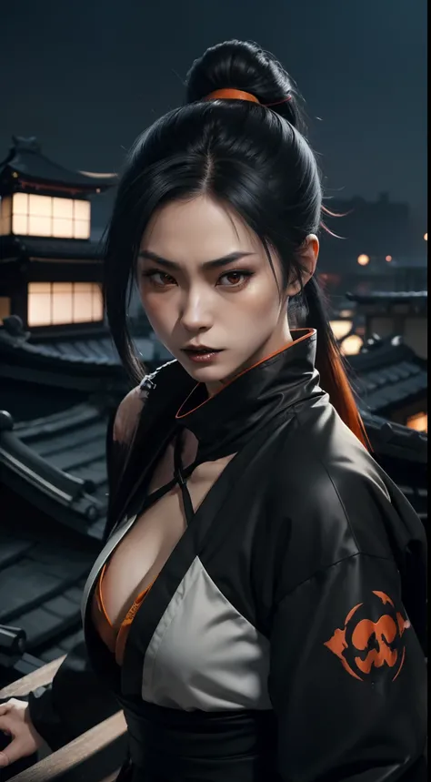 (A beautiful 25 years old Japanese female vampire ninja:1.4), (ponytail black hair:1.2), (pale skin), (detailed skin:1.4), (serious face), (wearing black outfit with orang lining:1.4), (waist up shot:1.2), view from front, (dynamic action pose:1.2), (chiar...