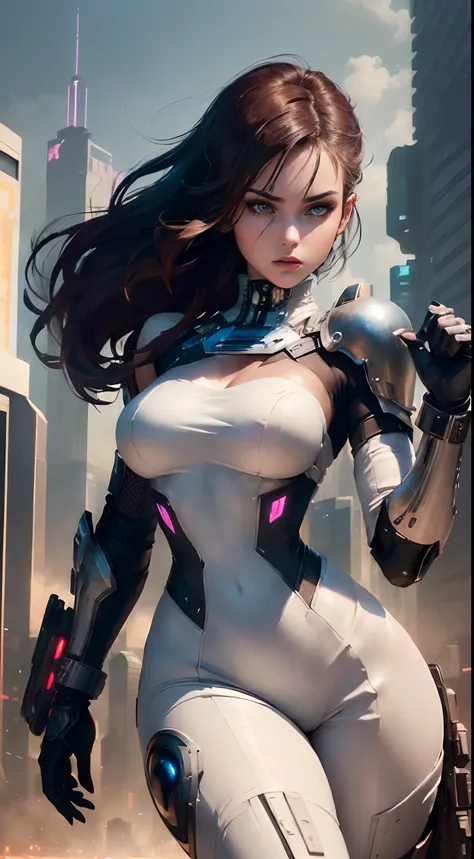 ((woman with perfect face & seductive expression & white cyberpunk dress & full armor with pants & ultra-detailed hazel eyes & t...