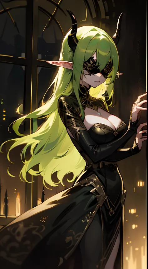 1woman,solo,serious face,magician golden and black outfit,cleavage, blind mask,light green hair, long hair,mature female,elves ears,demon horns,standing in the window,night city