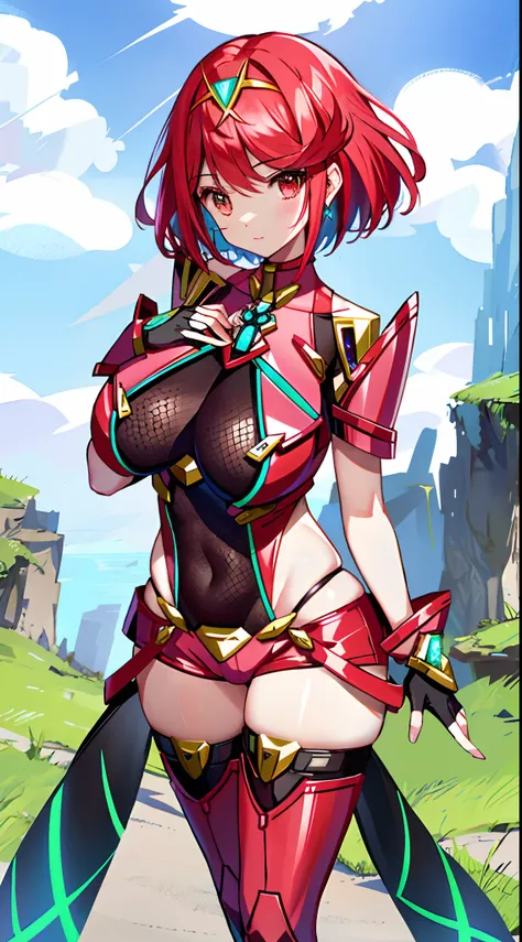 nsfw、Pyra (Xenoblade)、女の子 1 人、s Armor、bangss、black gloves、breastsout、red eyes、a closed mouth、耳Nipple Ring、eye lashes、fingerless gloves、floated hair、Framed chest、Pedras preciosas、gloves、hair adornments、head piece、jewely、huge tit、leaning、leotard、neon trim、of...