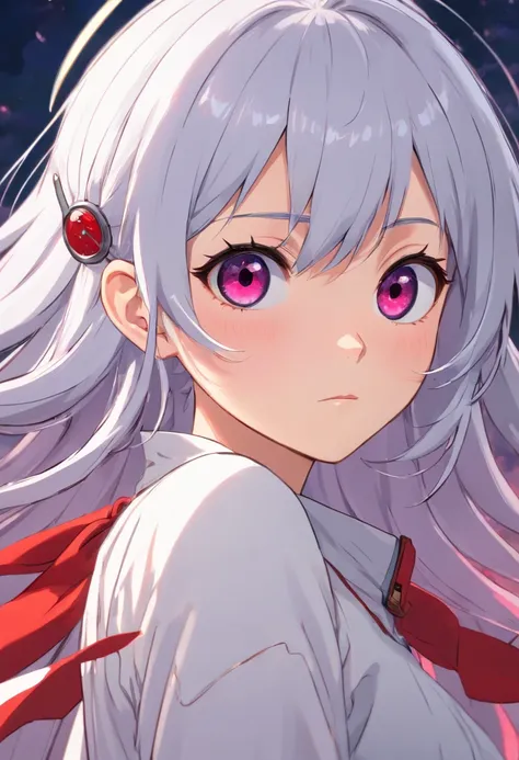 (anime style), anime girl with silver hair, streaked hair, bloodshot eyes, expressionless eyes, (elfien lied style:1.2), vivid  color, smooth focus, masterpiece, best quality, intricate line-work,precise details, ultra quality, hd color, high res